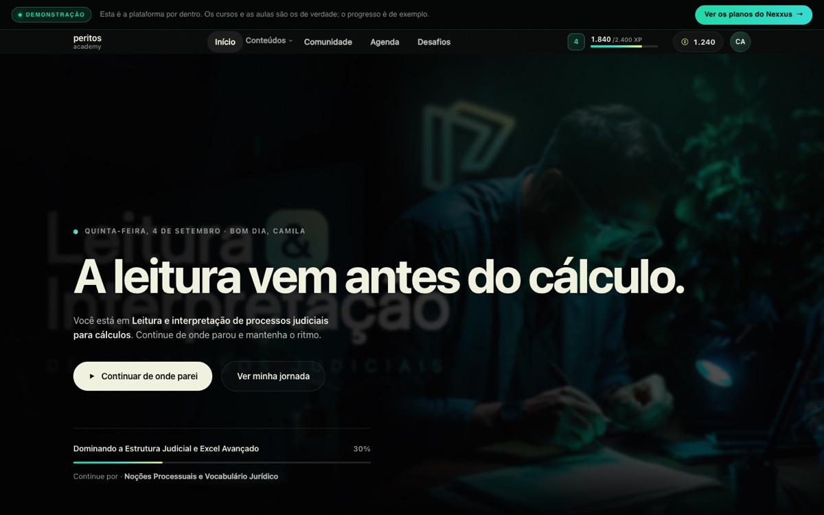 Tela inicial da Peritos Academy